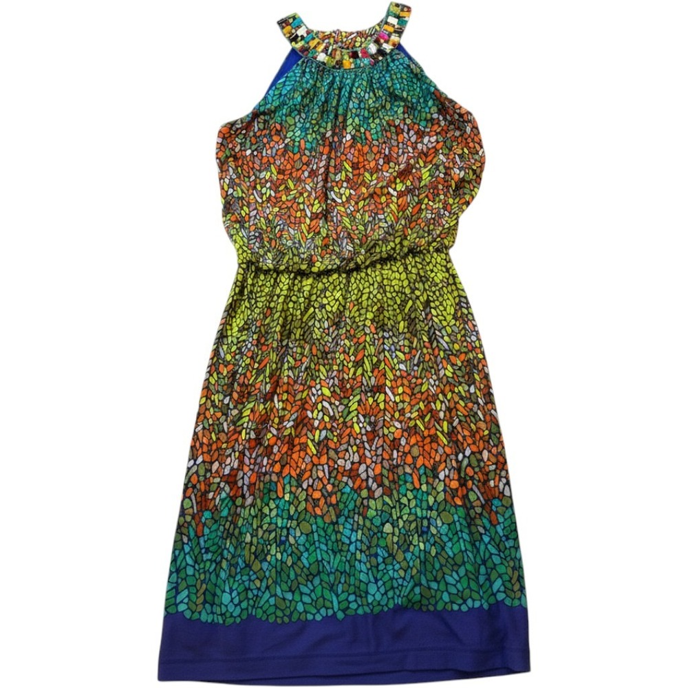 London Times Beaded Halter Maxi Dress Mosaic Print Multicolor Size 10